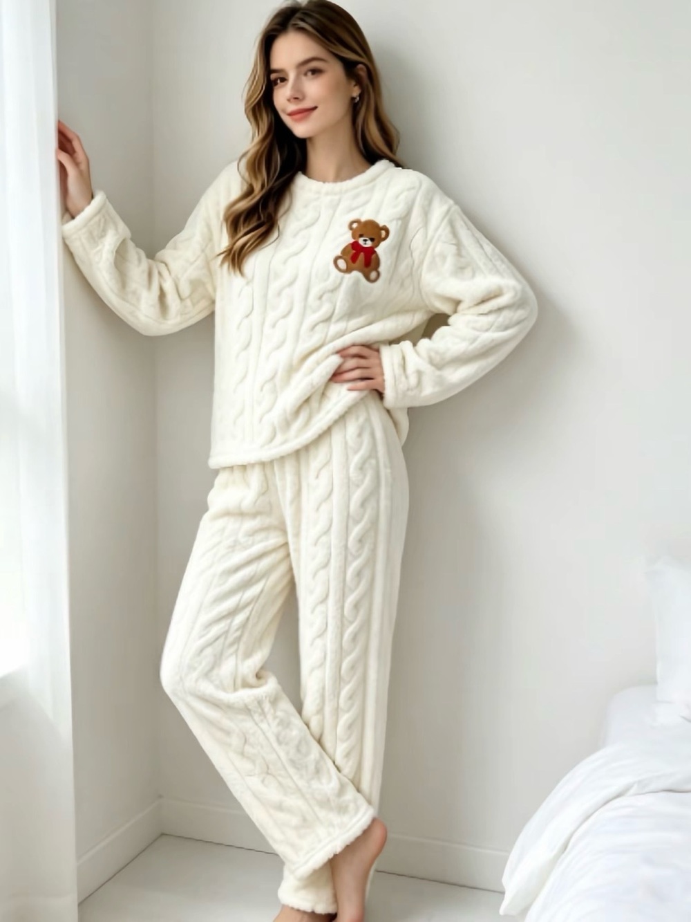 Cozy Cream Cable-Knit Teddy Pajama Lounge Set New - Picture 4 of 5